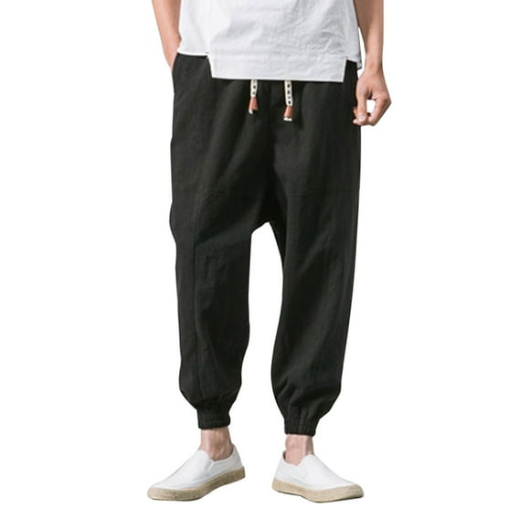 WEAIXIMIUNG Mens Winter Bib Overalls Insulated Men Linen Solid Elastic Waist Casual Trousers Drawstring Mid Waist Pants with Pockets