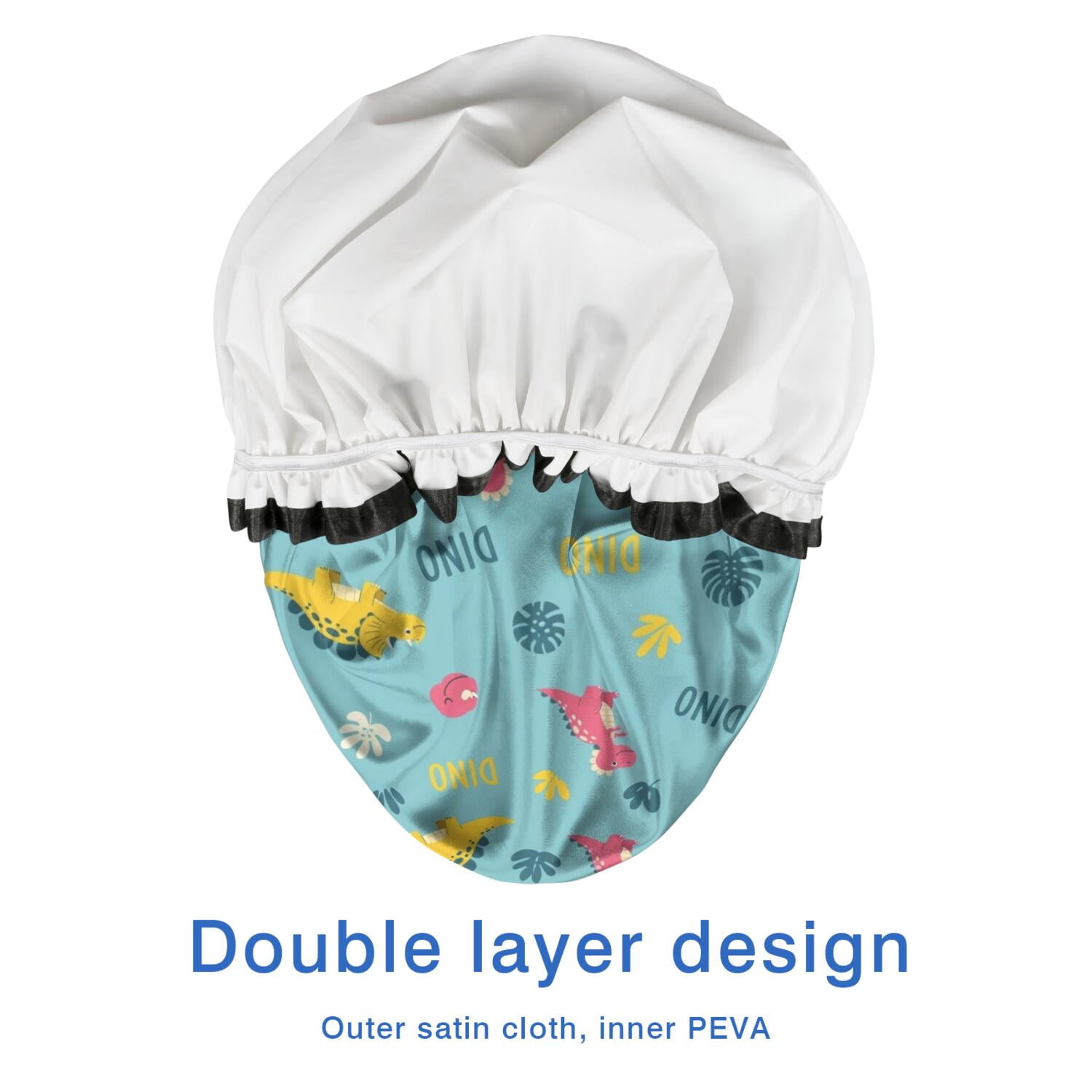 Shower Caps,Light Blue Dinosaurs Text Pattern Waterproof Shower Cap for Women 4 Pieces,Double Reusable Hair Cover for Shower PEVA Elastic Stretch Hem