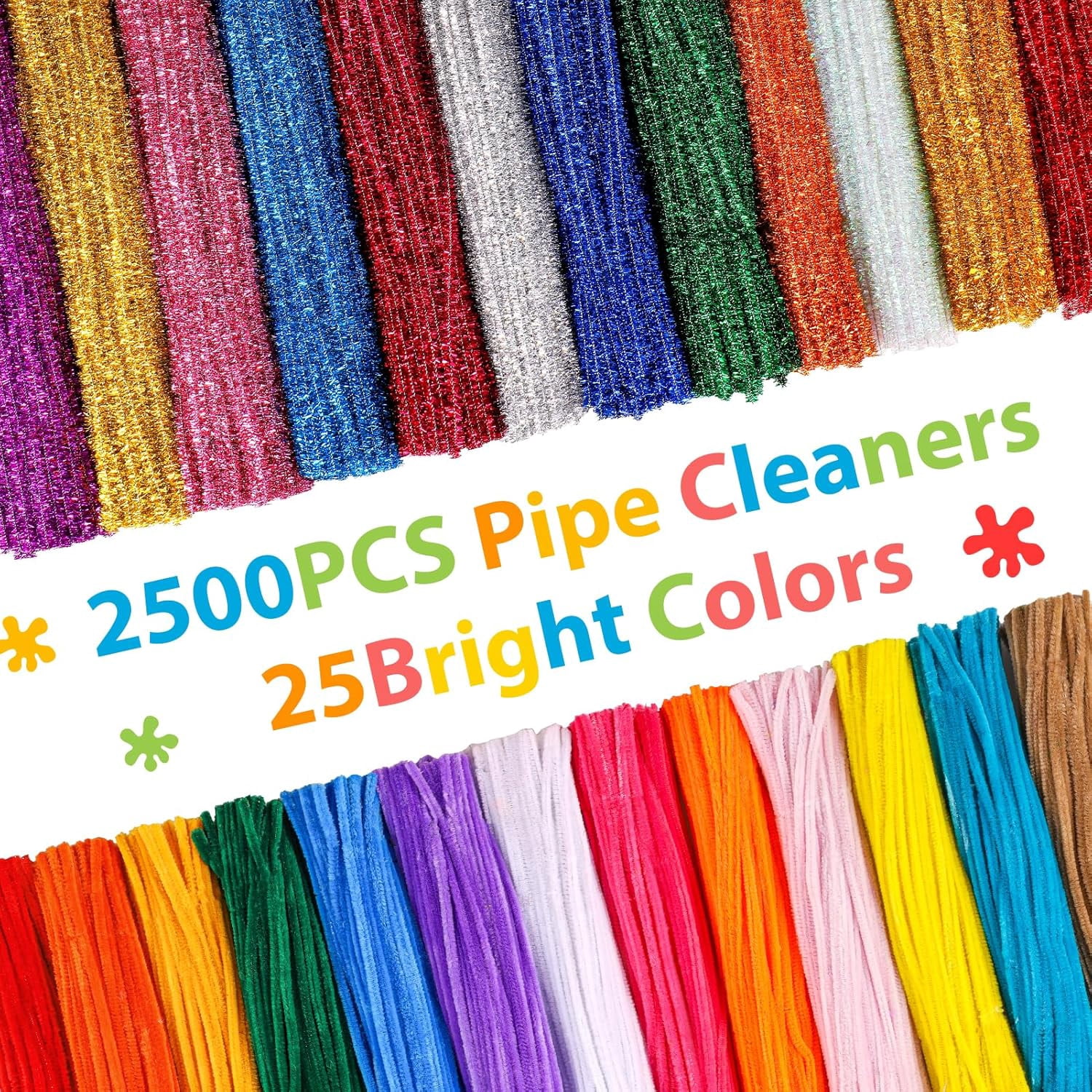 2500 Pieces 25 Colors Pipe Cleaners Craft Supplies Assorted Glitter Chenille Stem Sparkle Pipe Cleaners Bulk for Kids Creative DIY Project, Art Crafts Decoration, 6 mm x 12 inch