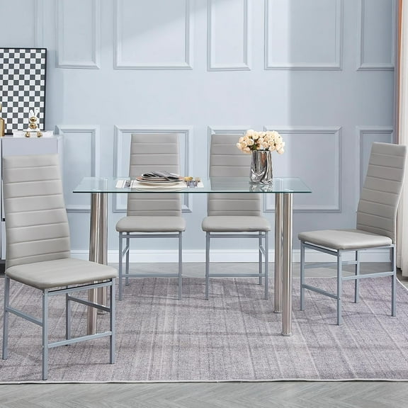 5-Piece Rectangular Glass Dining Table Set with Faux Leather Chairs for 4, Modern Style, Clear/Gray