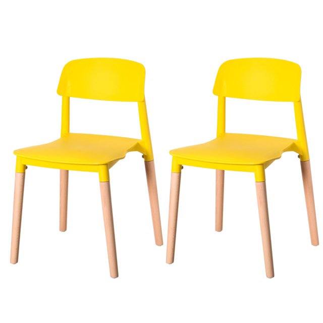 Fabulaxe Modern Plastic Dining Chair with Beech Wood Legs, Yellow (Set of 2)