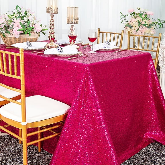 Wedding Linens Inc. 90" x 132" Retangular Sequin Taffeta Tablecloth - Fuchsia