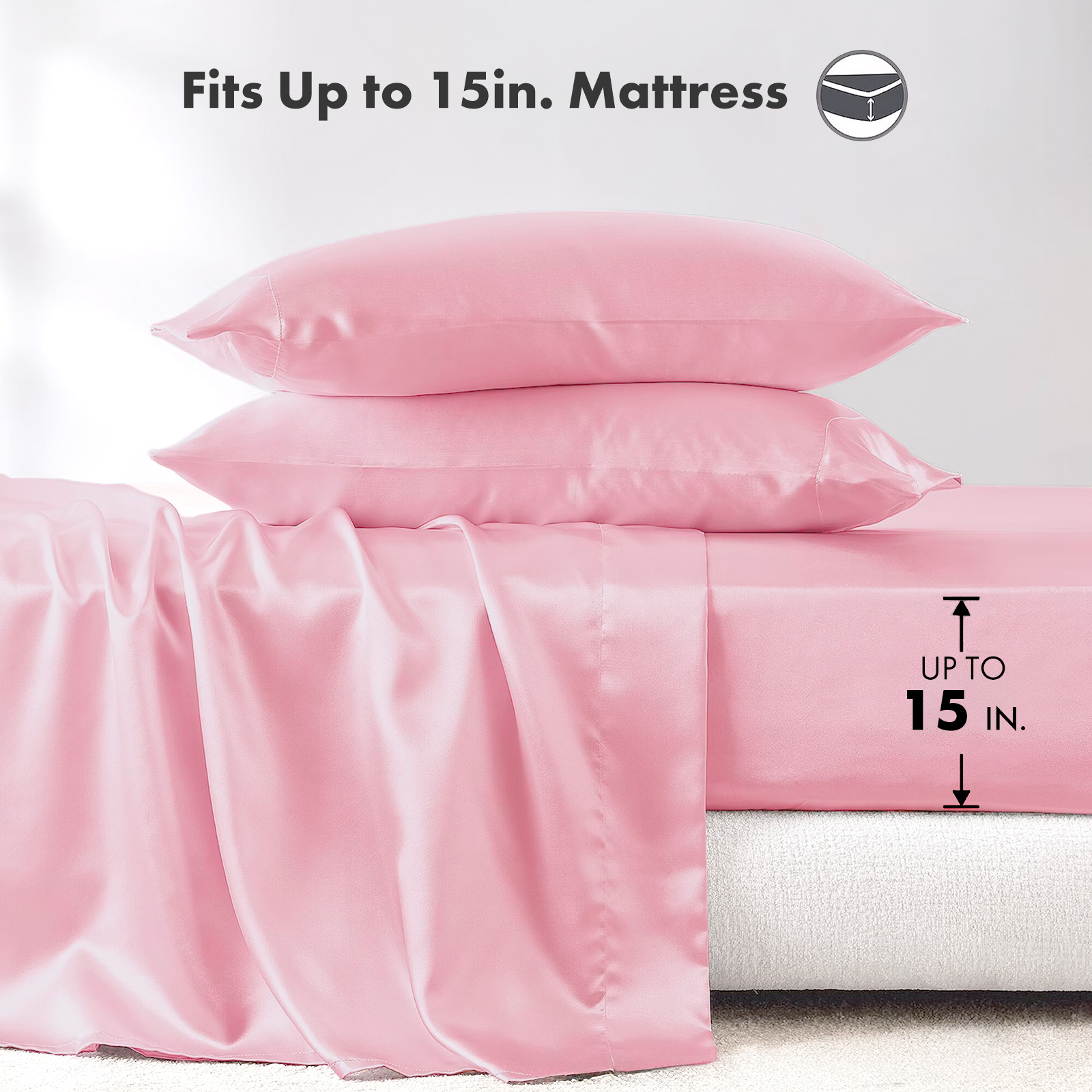 TURKIO Satin Sheets Queen Silk Sheets Pink Bed Sheet Set,4 Pieces 1800 Microfiber 2 Pillowcase 20"x30"
