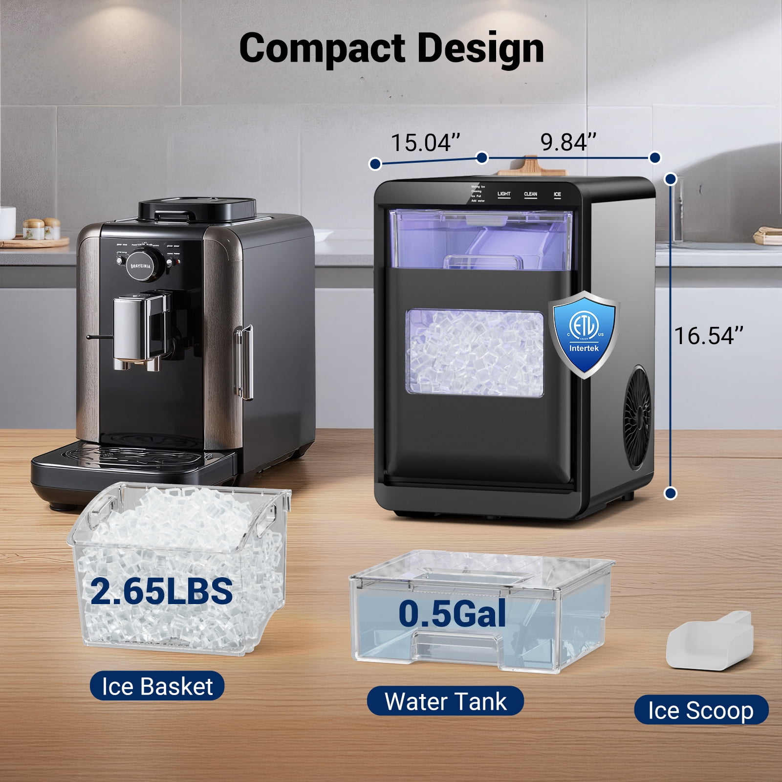 Joreek 44lbs/24H Nugget Ice Maker Countertop, Portable Chewable Pebble soft Ice Machine with Touch Screen for Home, Kitchen, Office, Stainless Steel, Black