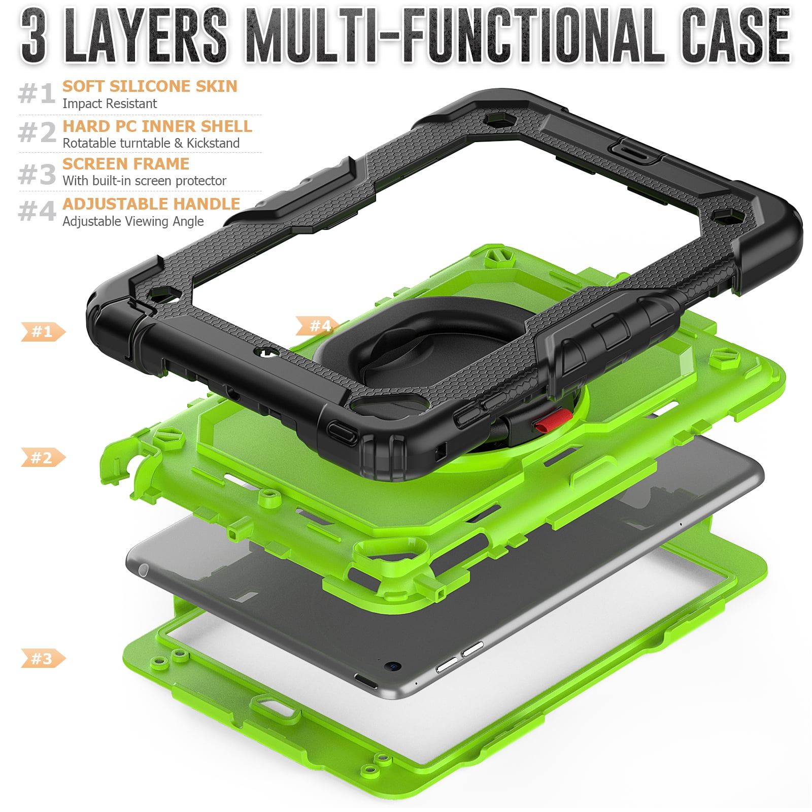 Dteck iPad mini 5 Case / iPad mini 6 Case with Built in Screen Protector, Child Proof Heavy Duty Shockproof Kids Case with Rotating Stand Handle Pencil Holder for iPad mini 5/4 7.9", Black + Green