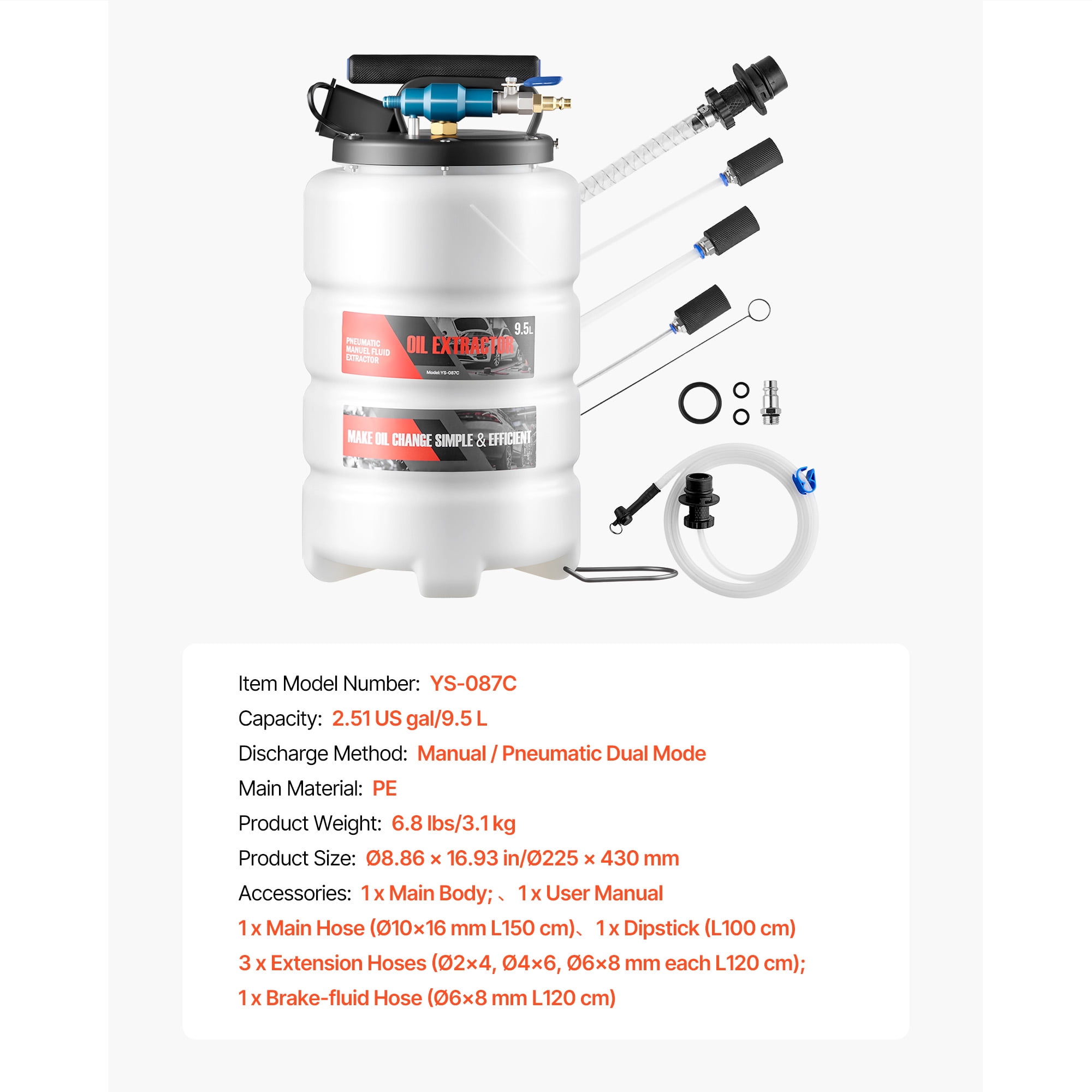 KFFKFF 9.5 L Fluid Extractor, Pneumatic and Manual Vacuum Oil Pump with 59 in Hose & Three 47 in Extension Tubes, Oil Change Tool with Durable PE Tank for Vehicles, Lawn Equipment, and Boats