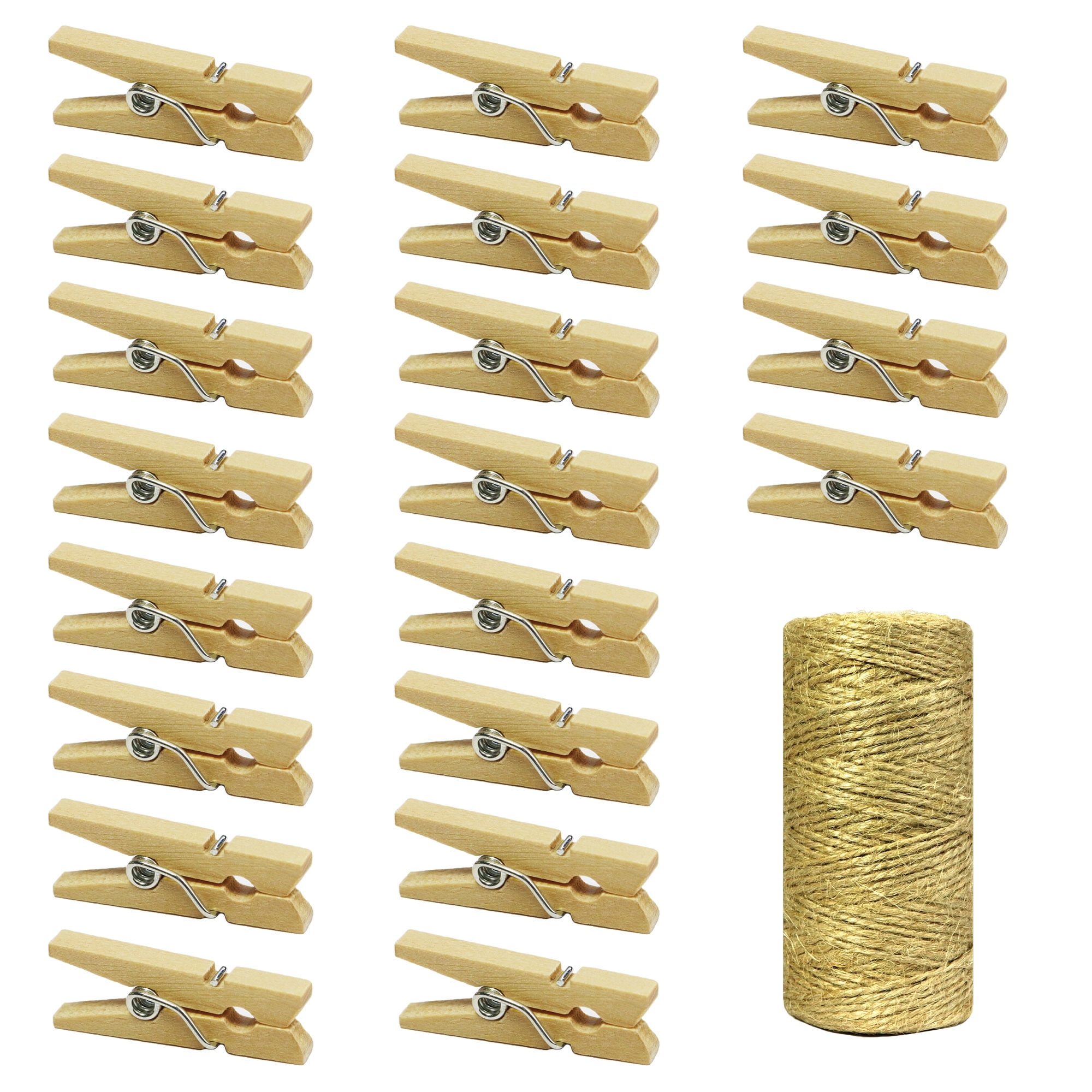 Auidy_6TXD 100 PCS Mini Colored Natural Wooden Clothespins Photo Paper Peg Pin Craft Clips with 10 M Jute Twine 