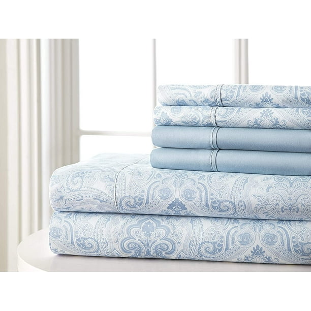 6 Piece Paisley Sheet Set Bedding LIGHT BLUE QUEEN