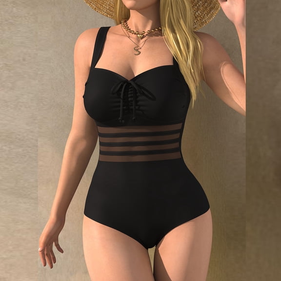 One Piece Swimsuits for Women Built-in Padded Cups Lace Up Front Mesh Patchwork Tummy Control Monokini Slimming High Cut Backless Bathing Suits