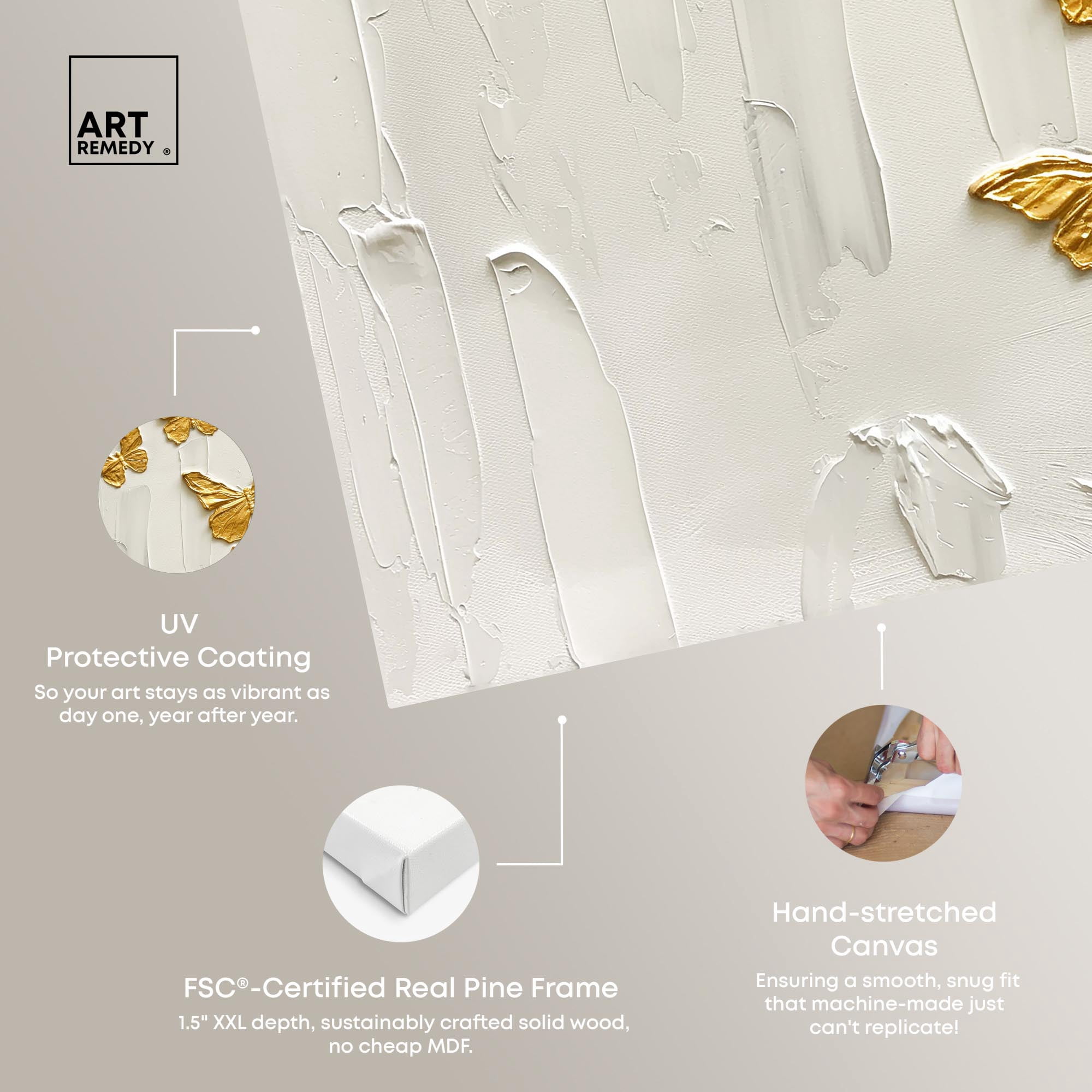Mariposas A Volar Canvas Elegant White Gold Wall Art by Art Remedy, Gallery Wrapped, 24" x 24"