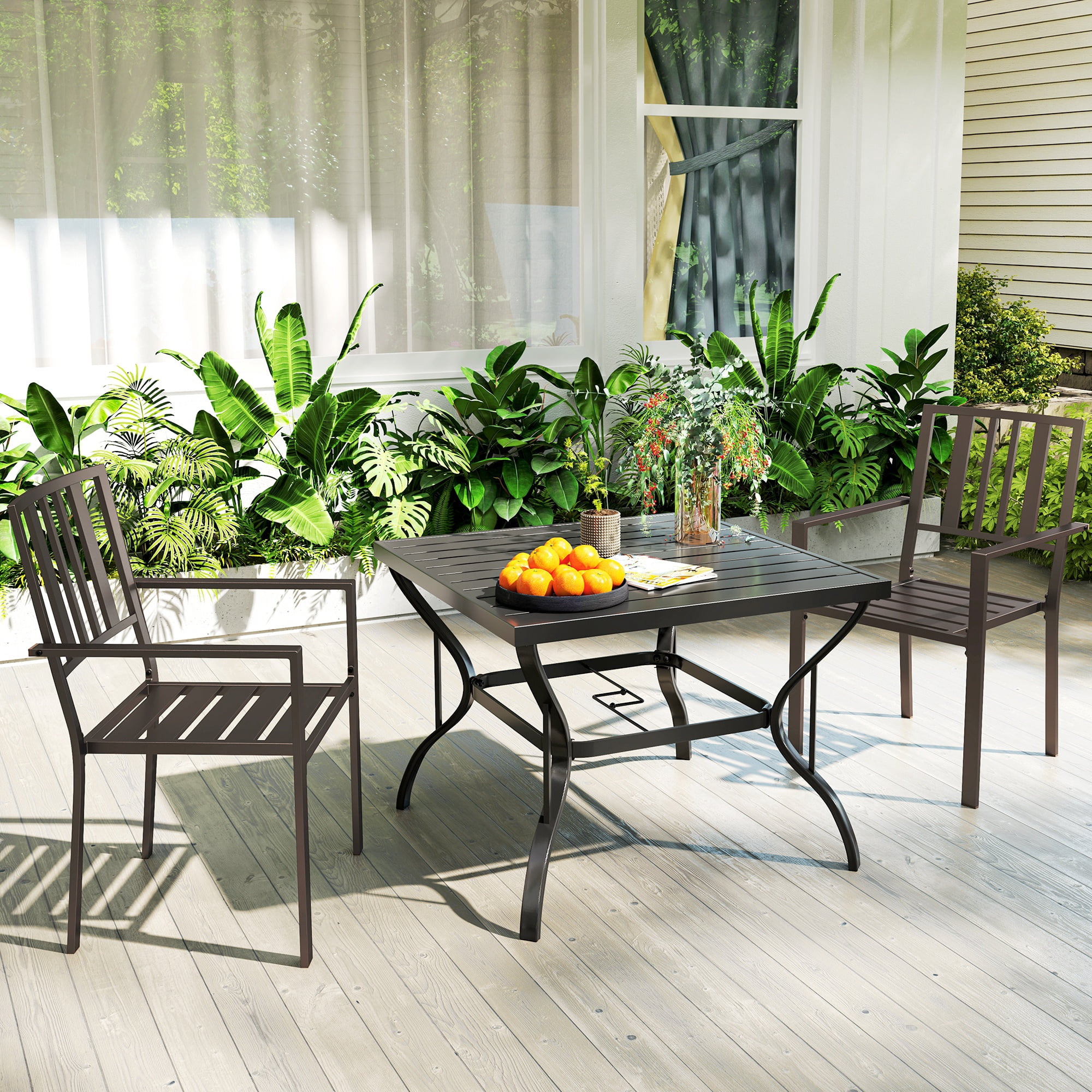 Outsunny Slatted Design Patio Dining Chairs, Set of 2 Stackable Garden Chairs, Dark Brown