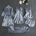 thumbnail image 4 of Conjunto de ropa de casa fina de manga larga de seda helada para mujer, ropa de dormir Sexy con cuello en V, bata de baño de talla grande incluida, conjunto de cinco piezas, 4 of 5