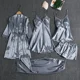 thumbnail image 4 of Conjunto de ropa de casa fina de manga larga de seda helada para mujer, ropa de dormir Sexy con cuello en V, bata de baño de talla grande incluida, conjunto de cinco piezas, 4 of 5
