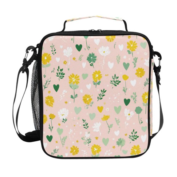 Square Insulated Lunch Bag Reusable Thermal Lunch Box Tote Cooler Bag with Side Mesh Pocket Spring Flowers and Hearts Pattern