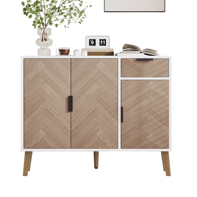 Armoire de Rangement Moderne la Plus Récente, Buffet Blanc Fini Bois avec Tiroir et Tablettes à Hauteur Réglable (35,5 L x 11,5 L x 28,5 H)