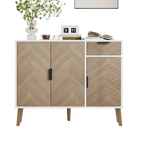 GOWE Modern Storage Cabinet, Sideboard in White and Wood Finish with Drawer and STYLISH DESIGN: Elegant combination of a white body and wood-finish doors for a timeless look in any room. FLEXIBLE S