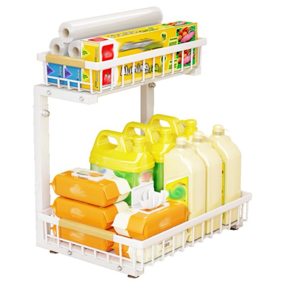 Organisateur sous L'Évier à 2 Niveaux en Forme de L, Étagère de Rangement d'Armoire Coulissante avec Hauteur Ajustable, Panier en Acier au Carbone Résistant à la Rouille pour Cuisine Salle de Bain Utilitaire, Double Couche Blanc Noir