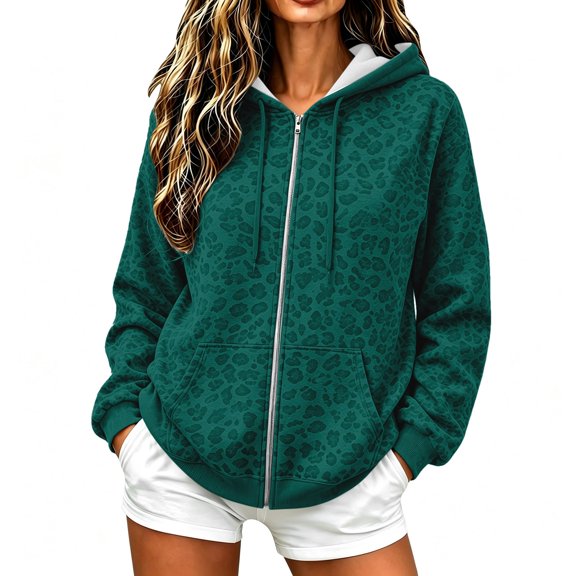 Women's Leopard Print Zip Up Hoodie Oversized Long Sleeve Fleece Hooded Sweatshirt, Full Zipper Drawstring Casual Fall Winter Jacket with Front Pockets Green L
