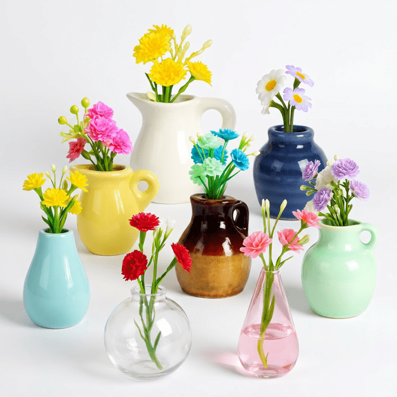 8 Pcs Mini Vase Refrigerator Magnets, Cute Ceramic & Glass Fridge Magnets with Artificial Flowers, Decorative Magnet for Kitchen Locker Whiteboard Office Decor