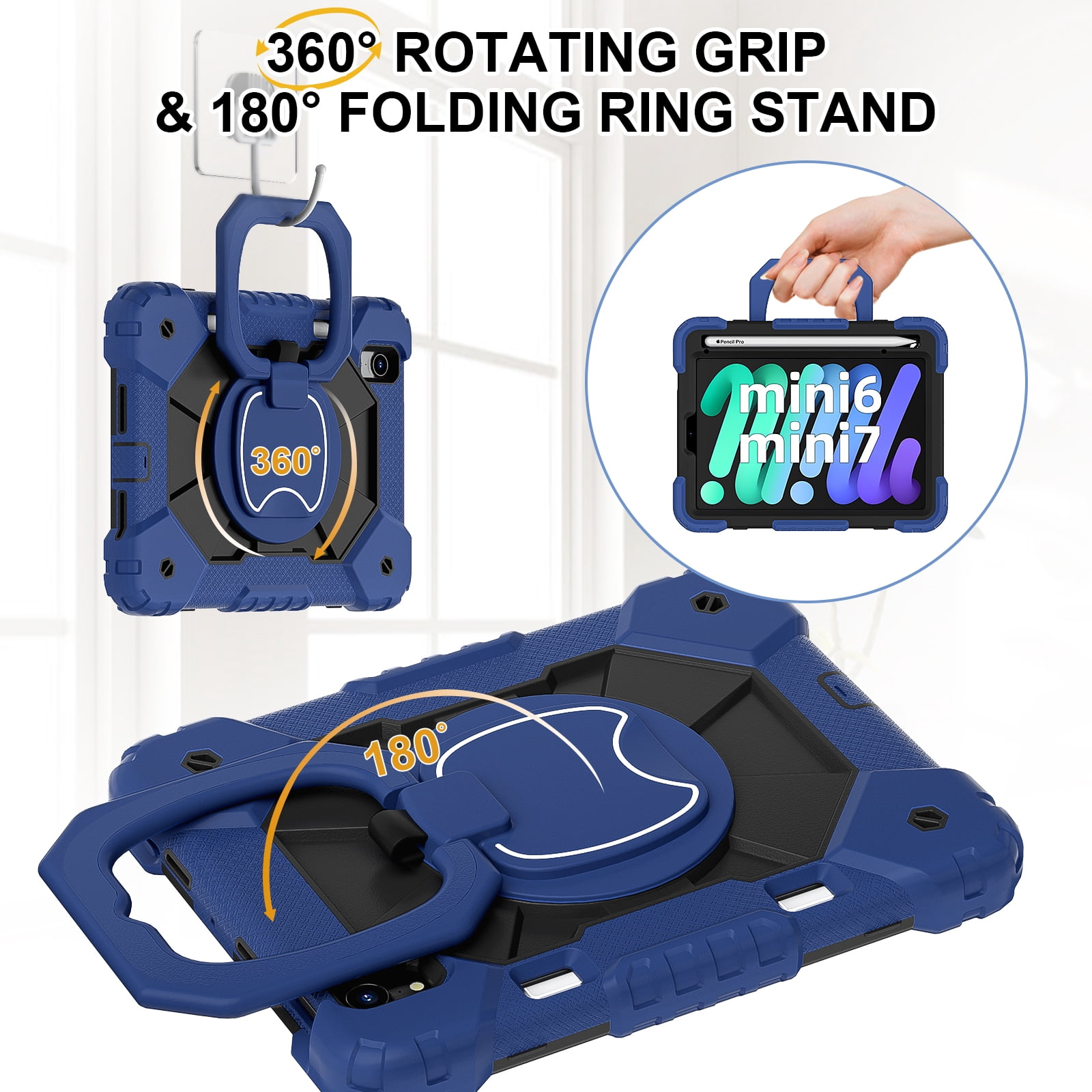 Dteck with Pencil Holder Case for mini A17 Pro 2024,iPad mini 6th Generation 8.3 inch Heavy Duty Silicone Case 360 Degree Rotating Handle Stand Cover with Shoulder Strap,Navy+Black
