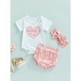 thumbnail image 3 of Bagilaanoe Newborn Baby Girls 3 Pieces Outfits Letter Print Pink Short Sleeve Romper Tops + Shorts + Headband 3 6 12 18 Months Summer Casual Set, 3 of 8