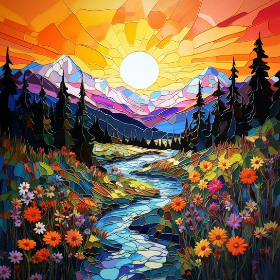 Sunset Stream Flower Tree Landscape DIY 5D Diamond Art Painting by Number Kits for Adults Paint with Full Drill Round Diamond Gems Painting Art Craft for Home Wall Decor 15.8x15.8in