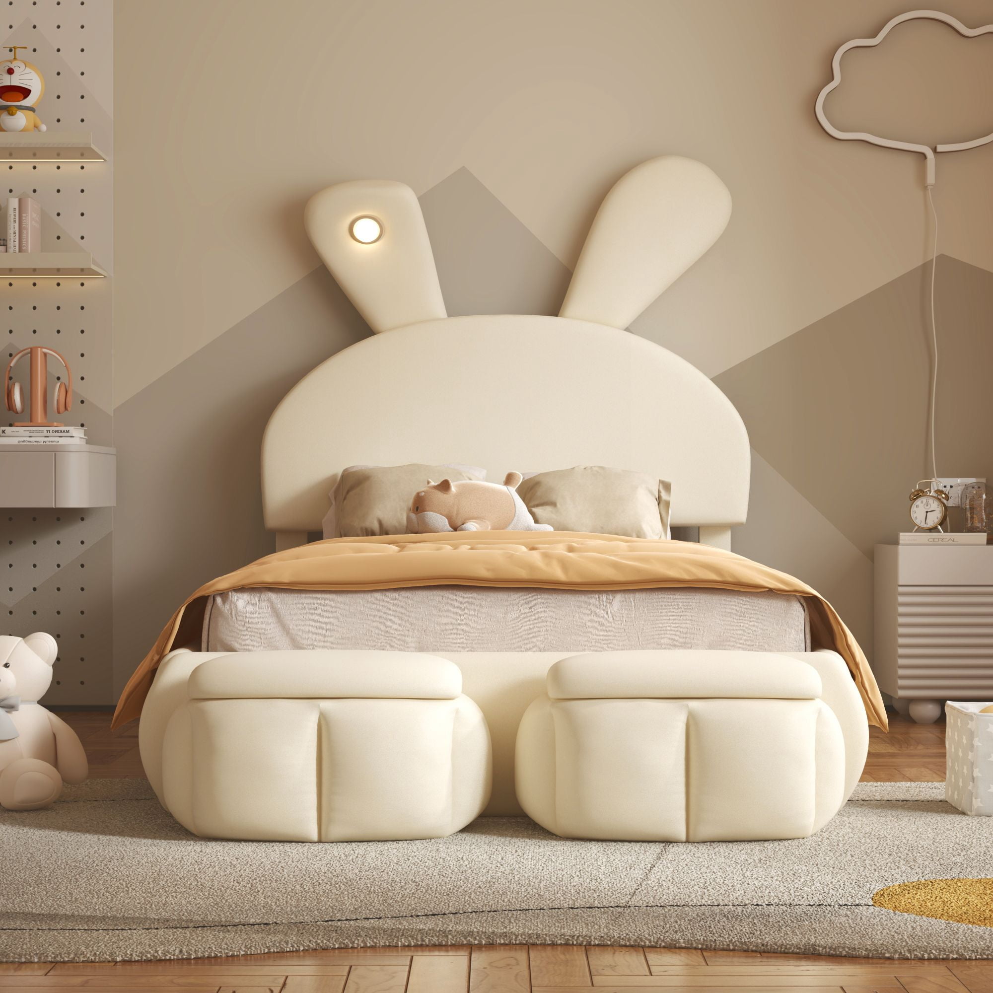 Aukfa Twin Upholstered Bed Frame with LED Light, Cartoon Bed with 2 Storage Stools for Kids, Beige