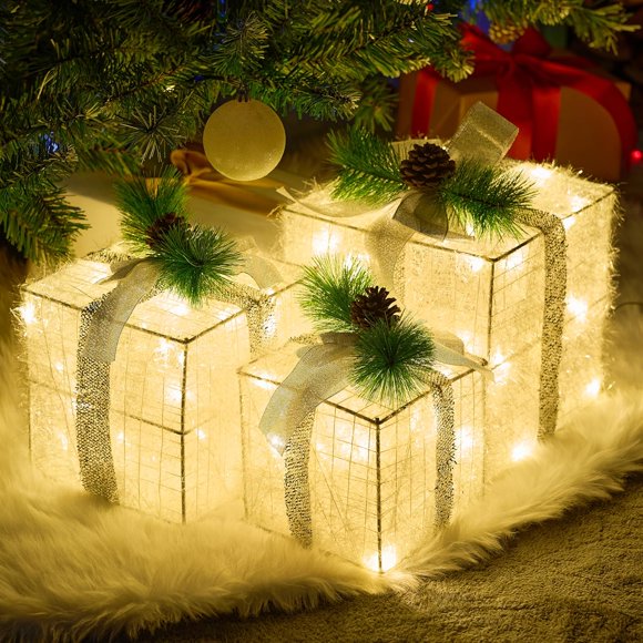 MISSUNNY Christmas Lighted Gift Boxes, Christmas Decorations Set of 3, Light up Present Boxes, 60 LED Warm White Lights for Indoor Holiday Décor, Christmas Eve Night Décor