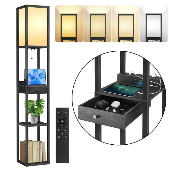 OUTON Floor Lamp with Shelves & Drawer, LED Standing Lamps with Remote, 4 Color Temperature, USB Ports and Power Outlet, Corner Tall Bookshelf Lamp for Living Room, Office, Black