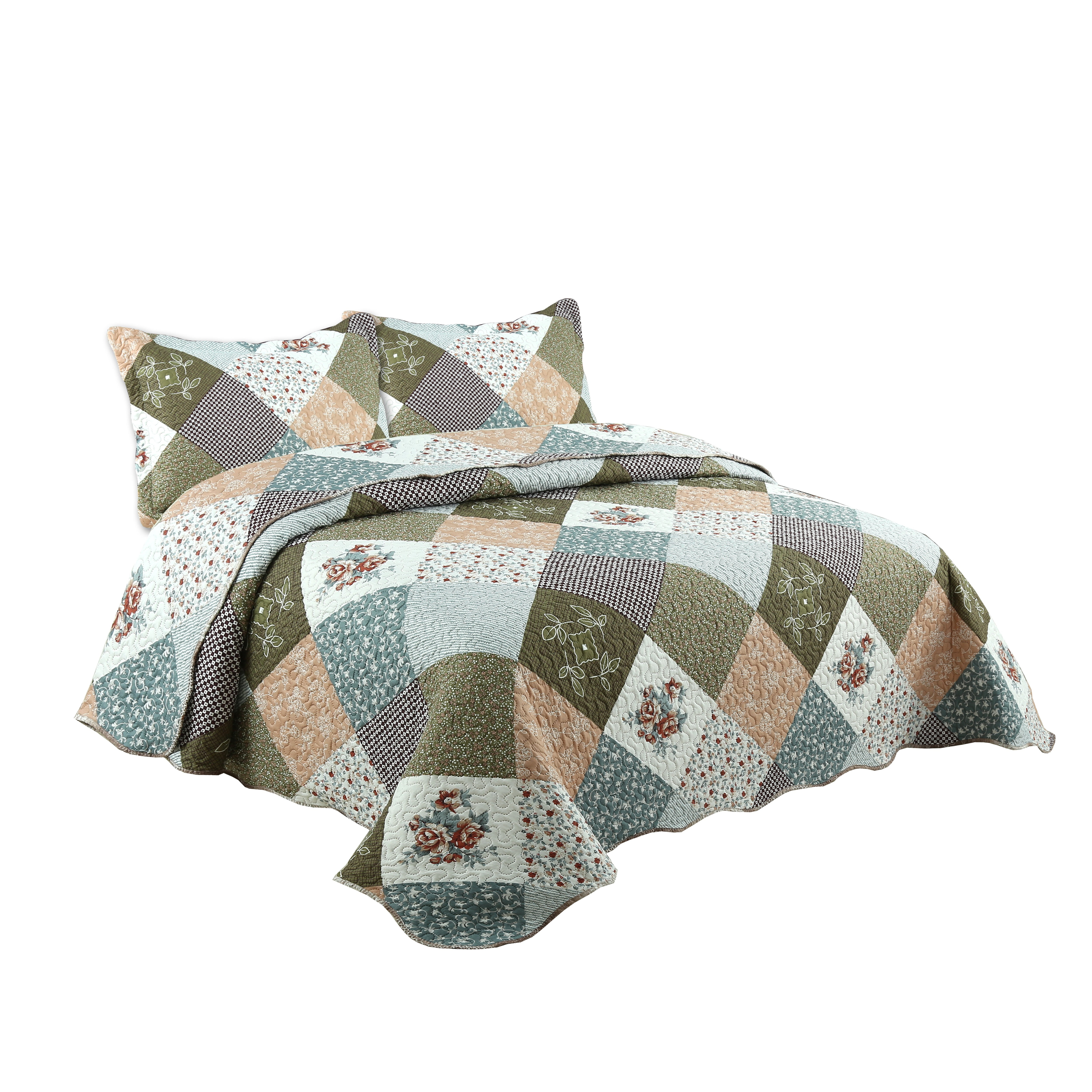 Marina Decoration Couvre-lit Pinsonic imprimé en relief ultra doux avec taies d'oreiller, motif à carreaux floraux en diagonale moderne