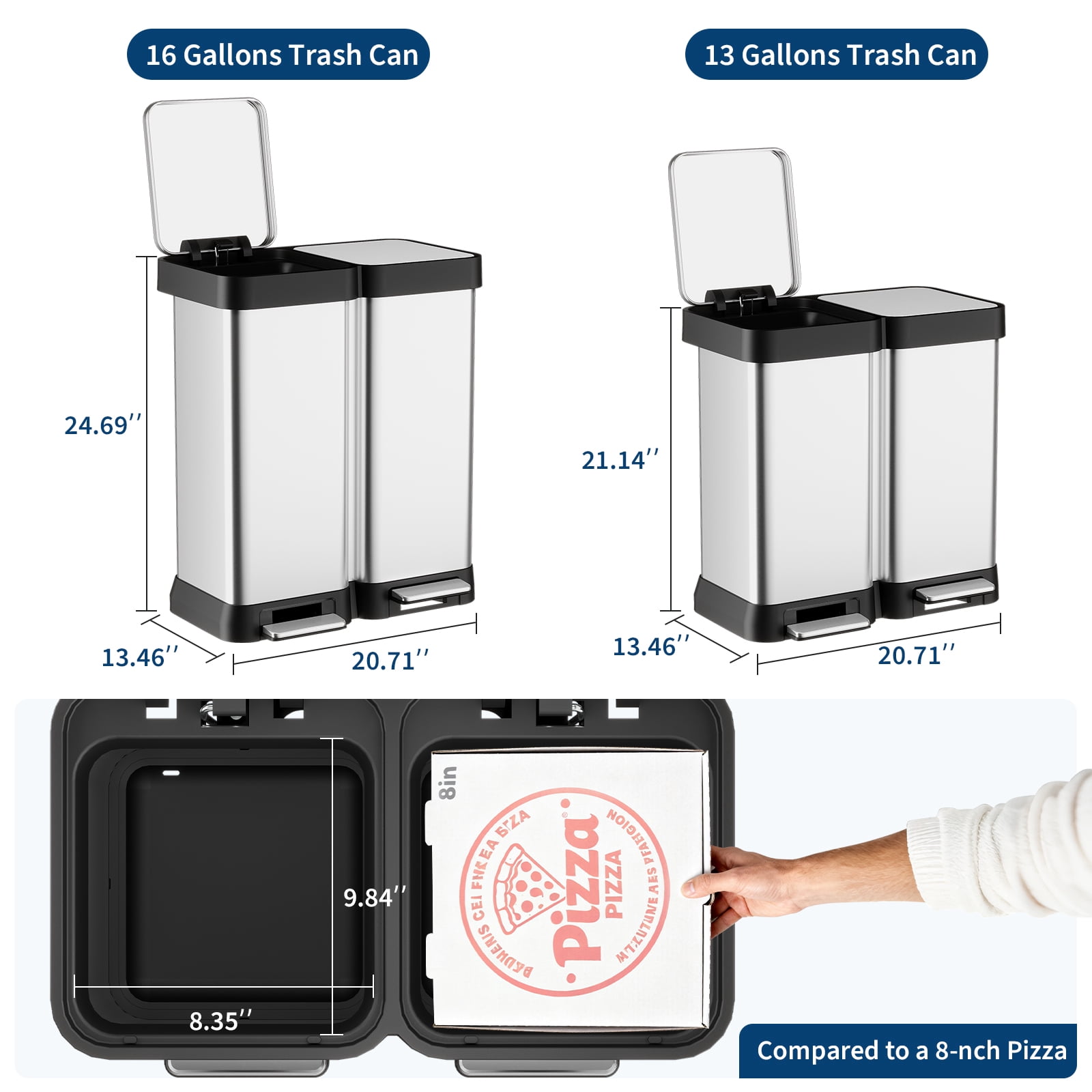 16 Gallon Trash Can with 2 Lids,Dual Compartment (2x30L) Stainless Steel Garbage Can,Fingerprint Resistant,Hands-Free Pedal,Step-On Garbage Can for Home, Office, or Kitchen(No Inner)