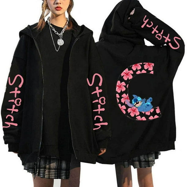 Sudaderas de los 90 Sudaderas con capucha con cremallera para mujer Sudadera con capucha con letras lindas de Disney Lilo & Stitch Chaquetas con cremallera Ropa de calle para