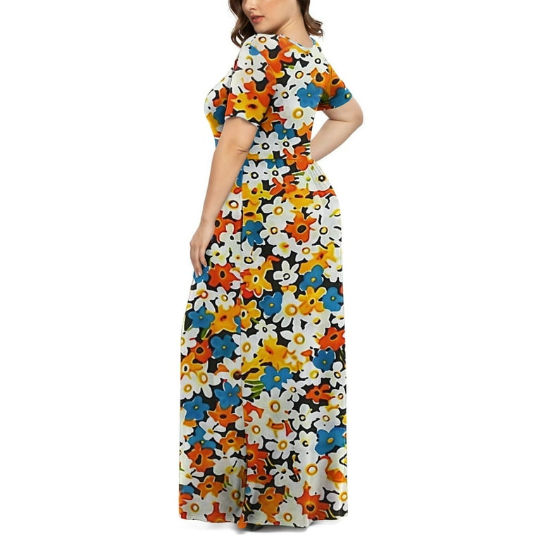CELILIN Plus Size Dresses for Women Round Neck Printed Short Sleeve Maxi  Dresses Casual Empire Waist Long Dress with Pockets XL-5XL - Walmart.com