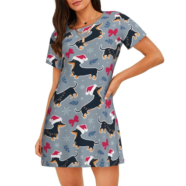 Vsdgher Chapeau de Noël Motif Teckel Chemise de Nuit à Manches Courtes Col Rond Mignonne Robe de Nuit Confortable