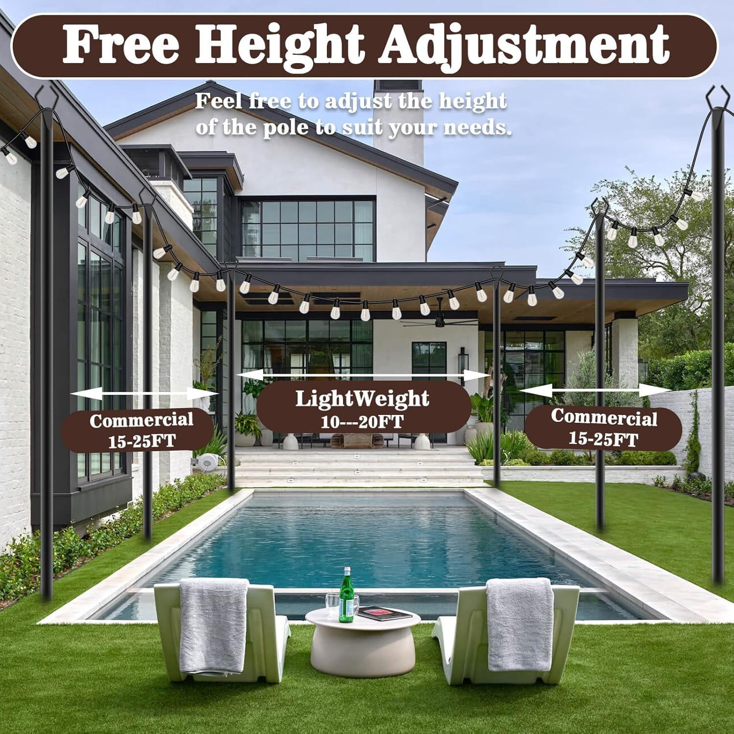 WIXOLBOR 10Ft String Light Poles 4 Pack,Light Poles for Outside Lights,Outdoor with Fence Brackets Hanging Lights,Metal Stand Deck Patio Backyard