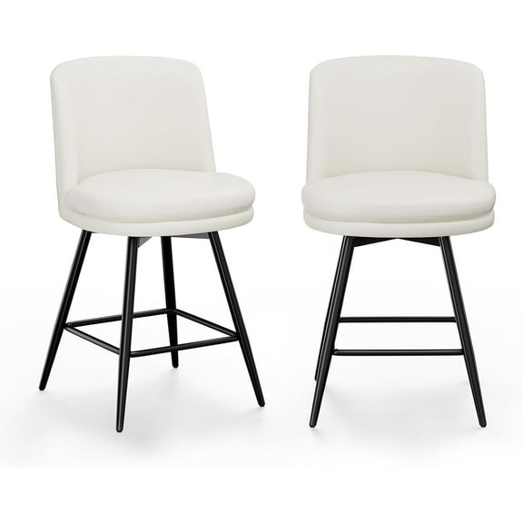 VINGLI 26" H Swivel Barstools Set of 2, PU Faux Leather Upholstered Counter Height Bar Stool with Back, Kitchen High Chairs with Cushion Round Seat, Metal Legs, White