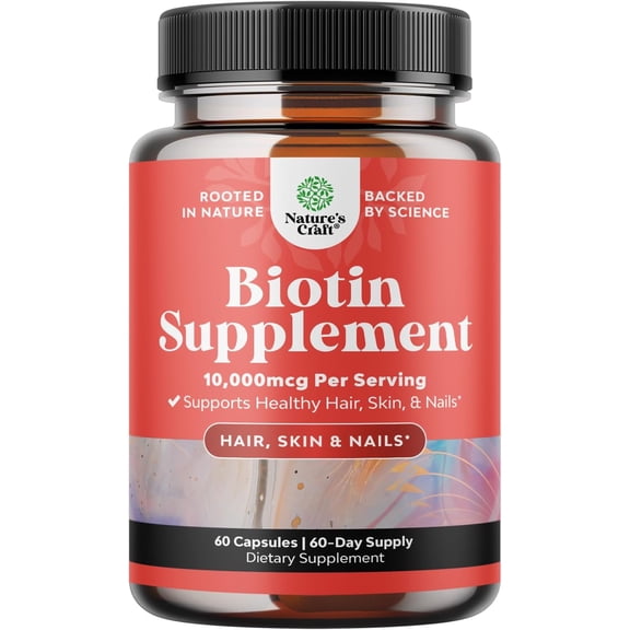 Natures Craft Potent 10,000mcg Biotin Supplement for Healthy Hair Growth, Nails, and Skin, 60 Ct