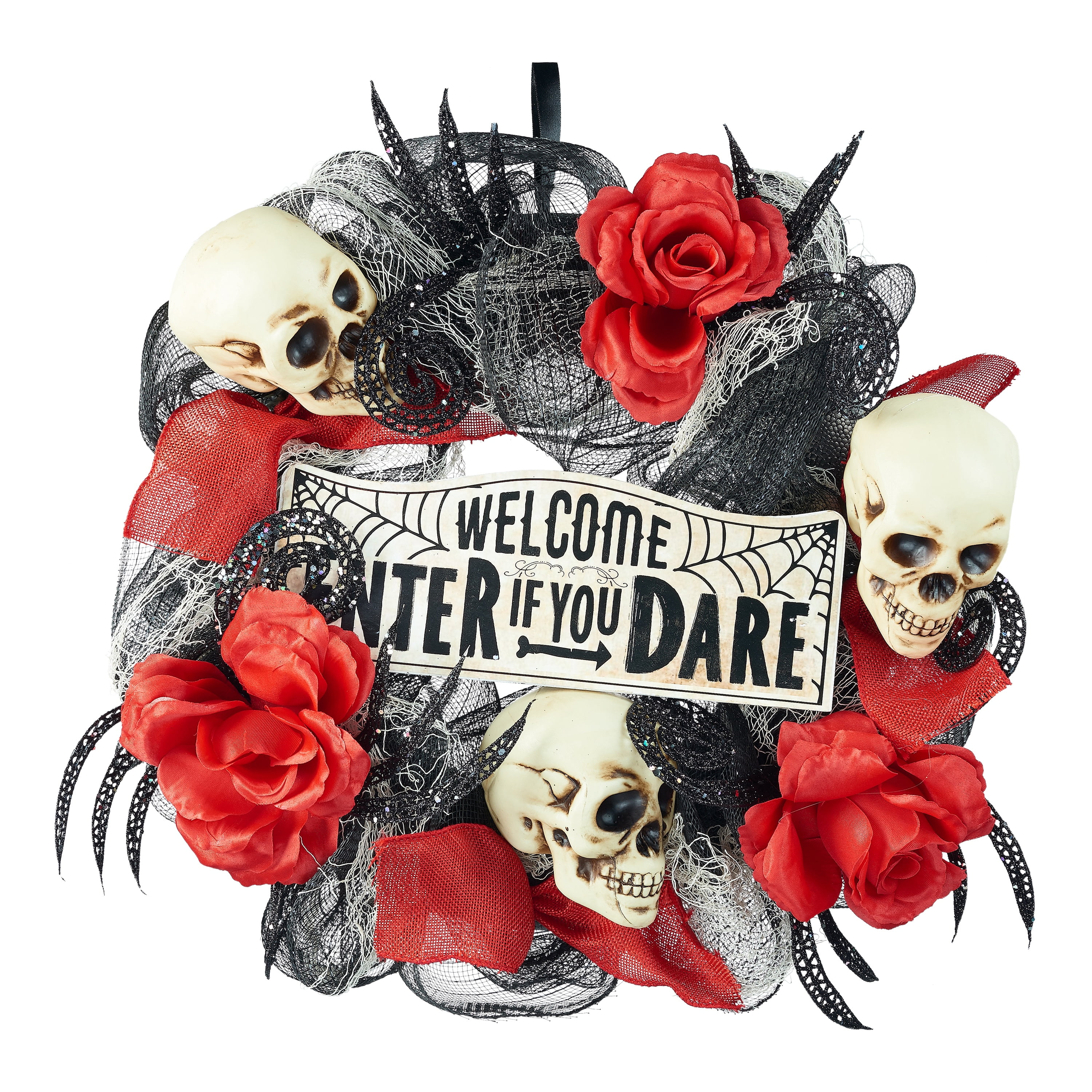 Vines & Roses Decorative Halloween Door Curtain 7 Foot Gothic Style Red Skulls 