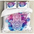 thumbnail image 1 of Evil Eye Duvet Cover Set, Ornate White Hand Drawn Hamsa on Watercolor Splashes Energetic Print, Decorative 3 Piece Bedding Set with 2 Pillow Shams, King Size, Pink Blue White, by Ambesonne, 1 of 3