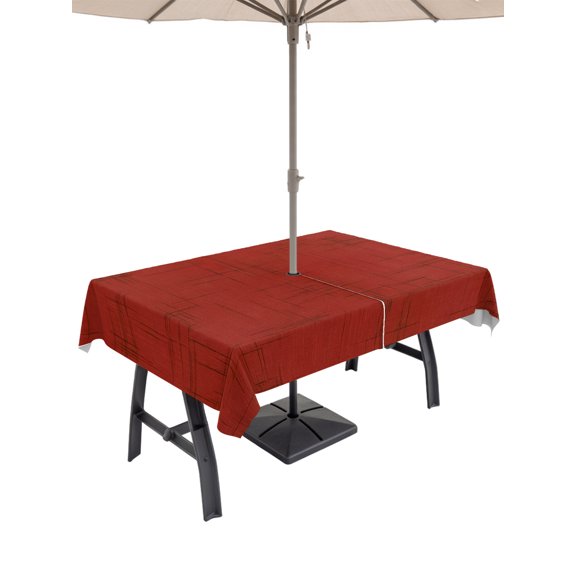 54x80 Inch Outdoor Tablecloth with Umbrella Hole Zipper Rectangle Farmhouse Red Rectangular Tablecloths Outside Waterproof Boho Vintage Rustic Woven Texture Patio Table Cloth Cover for Picnic Party