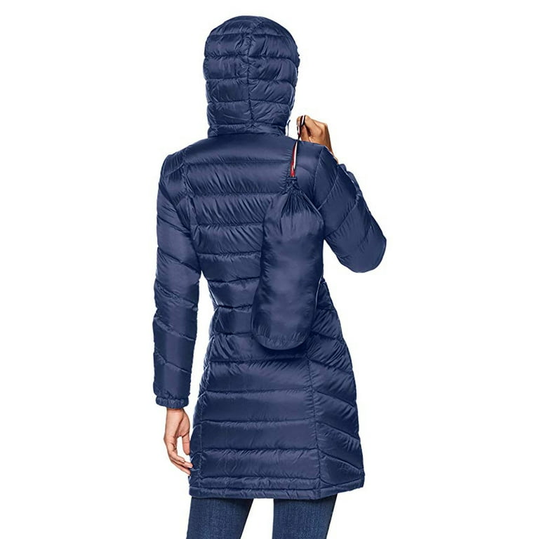 Tommy Hilfiger Women's Mid Length Packable Down Chevron Quilt Coat, Navy,  Medium
