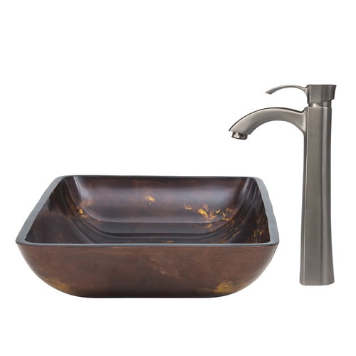 Topia Glass Vessel Sink & Faucet Combo Set - Oil Rubbed Bronze, Brown Tempered Glass Bathroom Sink
