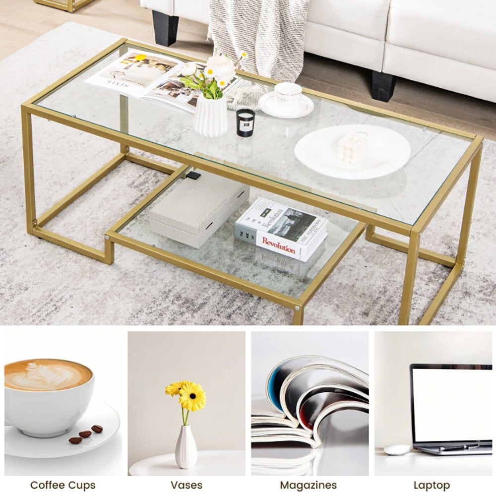 Finihen Coffee Table, Glass Coffee Table, Modern 2-Tier Rectangular Coffee Table with Glass Table Top, for Living Room, Reception Room, Golden Finihen Coffee Table, Glass Coffee Table, Modern 2-Tier Rectangular Coffee Table with Glass Table Top, for Living Room, Reception Room, Golden