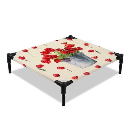 Spring Florals Elevated Dog Bed Red Tulip Floral Drum Beige Background Cooling Breathable Outdoor Raised Dog Cot Bed with Metal Frame Non-Slip Feet for Small Dog 20x20in