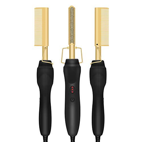 Bkuxy Gold Plated Heated Styling Comb Electric Hot Straightening Heat Comb Ceramic Curling Flat Iron Curler Designed Hair Straightener for Natural Black Hair,Wigs