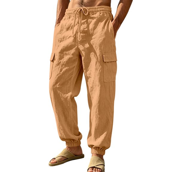 Homeyce Cotton Linen Pants for Men Elastic Drawstring Waist Straight Leg Pants with Deep Pockets Cotton Linen Cotton Trousers Yoga Beach Loose Fit Casual Summer Trousers,Yellow 3XL
