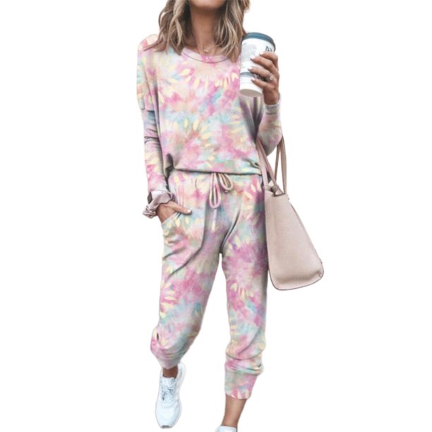 Ma&Baby Women 2 Piece Tie Dye Sweatsuit Set Long Sleeve Pullover and Drawstring Sweatpants Sets