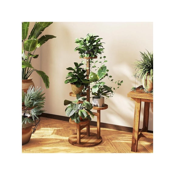 4-Tier Wooden Plant Stand - Indoor/Outdoor Corner Shelf For Multiple Plants, Round Flower Holder For Living Room/Patio