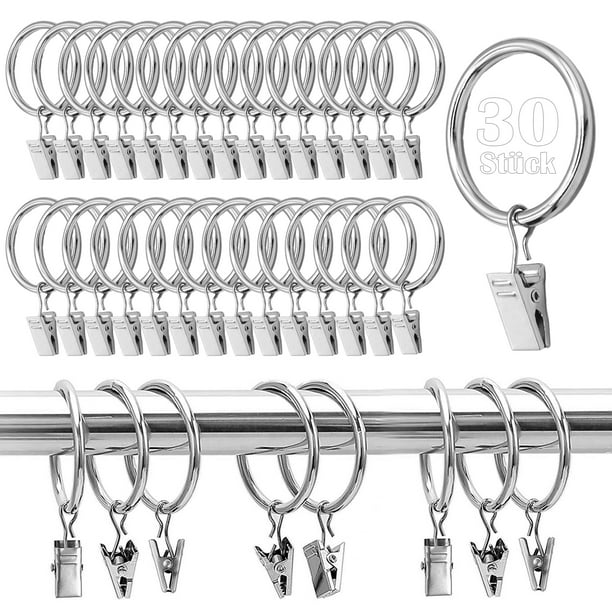 Estrela 30 Piezas Anillos de Cortina de Metal Anillos de Cortina con Clips, Cortina Cortina de Ducha Anillos Colgantes de Acero Inoxidable para Cortinas de Ducha de Puerta de Ventana, 32 mm de