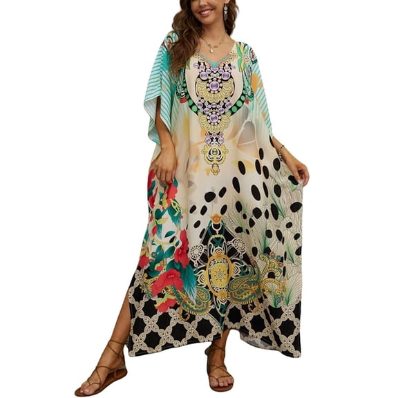DHFJKG Swimsuit Coverup For Women Floral Beach Long Dress Loose Fit Cover Up Tunic Summer Resort Wear 3/4 Sleeve Stylish Beachwear